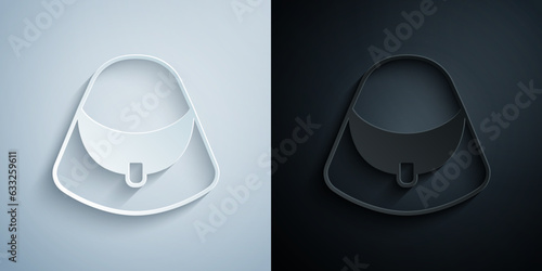 Paper cut Handbag icon isolated on grey and black background. Female handbag sign. Glamour casual baggage symbol. Paper art style. Vector