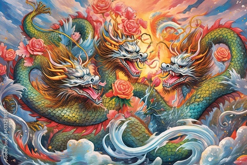 Wallpaper Mural Chinese Dragon Drawing: Celestial Serpents Entwined in a Festive Parade of Vibrant Colors and Mythical Aura, generative AI Torontodigital.ca