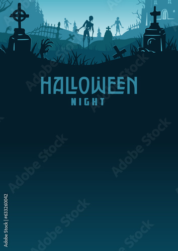 Halloween background with zombie and skeleton hand, cemetery and castle for holiday poster. Creepy and mystical background with cross, grave, tombstone and dead man for dark fear october design
