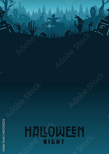 Halloween background with zombie and skeleton hand, cemetery for holiday poster, flyer, postcard. Creepy and mystical background with cross, grave, tombstone and dead man for dark fear october design