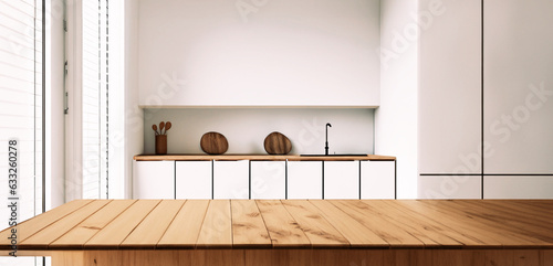 immagine primo piano di tavolo, bancone da cucina in legno naturale, sfondo ambiente cucina luminoso, minimalista photo