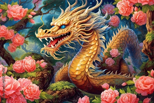 Blossoming Garden: Enchanting Chinese Dragon Drawing with Shimmering Scale Colors, generative AI