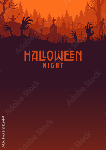 Halloween background with zombie hand and skeleton hand, cemetery for holiday poster, flyer, postcard. Mystical background with cross, grave, tombstone and dead man for dark fear october design