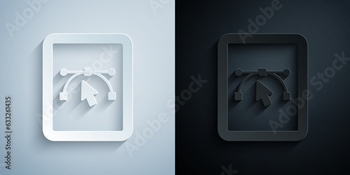 Paper cut Computer display with vector design program icon isolated on isolated on grey and black background. Photo editor software with user interface. Paper art style. Vector