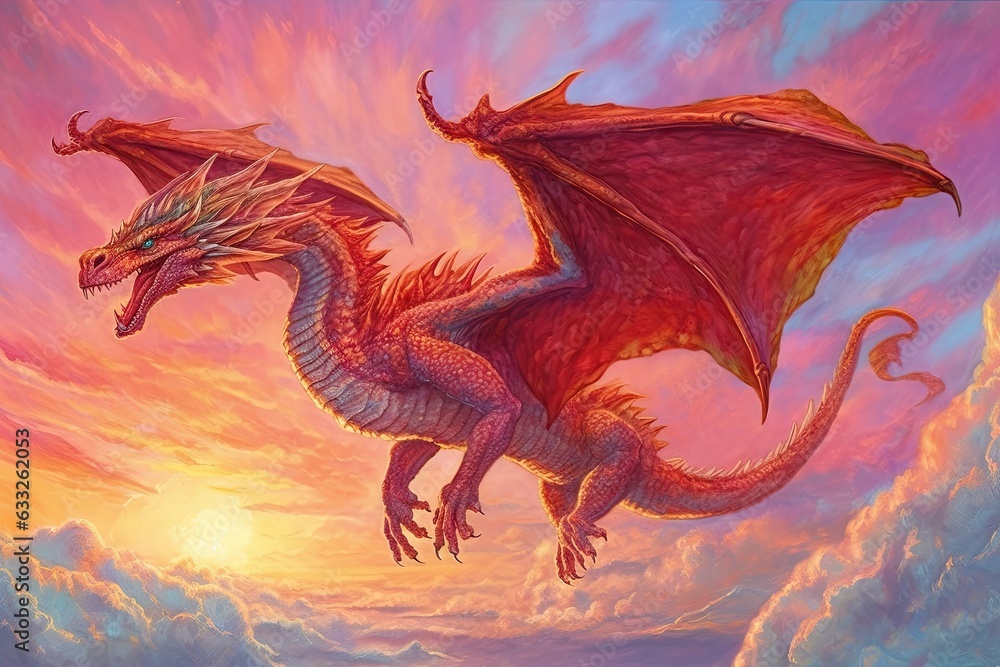 Fiery Sky Dragon: A Majestic Soar with Brilliant Crimson Scales, generative AI