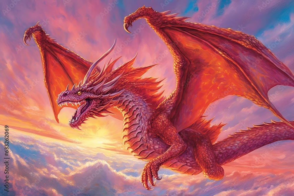 Obraz premium Fiery Sky Dragon Drawing: Majestic Scale Gleaming in Brilliant Crimson Shades, generative AI
