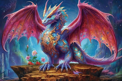 Guarding a Treasure Trove: Majestic Dragon Drawings with Brilliant Jewel-Toned Scales and Commanding Fire-Breathing Presence, generative AI