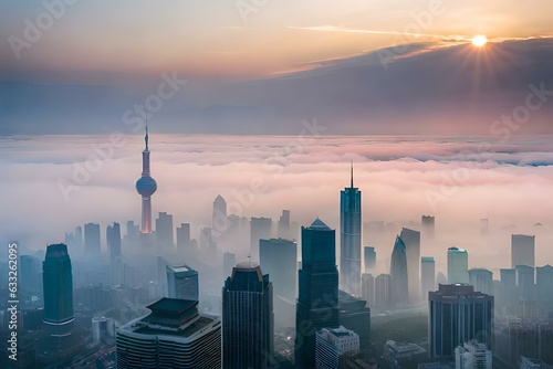 Smog covered city skyline at sunrise. photo