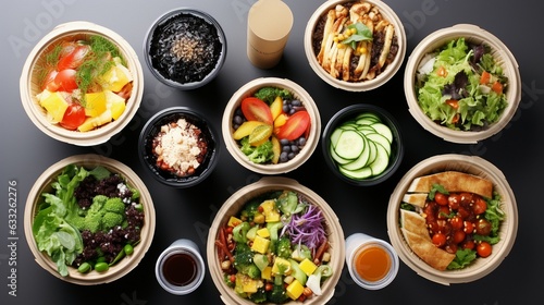 Healthy take away food and drinks in disposable eco friendly paper containers on gray background, top view. Fresh salad, soup, poke bowl, buddha bowl, fruits, coffee and juice. Generative AI © gdgaffar