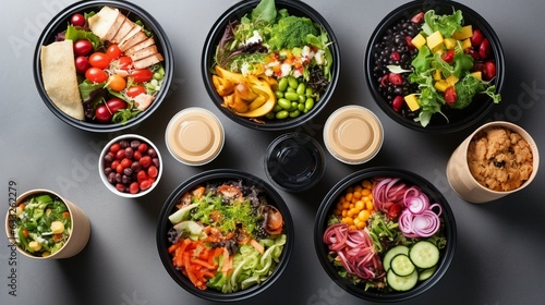 Healthy take away food and drinks in disposable eco friendly paper containers on gray background, top view. Fresh salad, soup, poke bowl, buddha bowl, fruits, coffee and juice. Generative AI photo