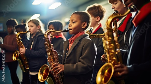 Students hone their musical skills, practicing various instruments in a harmonious school band, creating melodies that resonate with passion and dedication. Generated by AI.