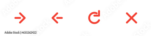 red color web button icon set, next page, previous page, reload or refresh button, and close or stop button