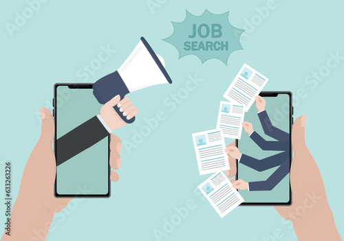 Job search hand with phone resume vacancies mouthpiece vector illustration