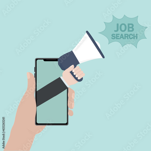 Job search hand with phone resume vacancies mouthpiece vector illustration