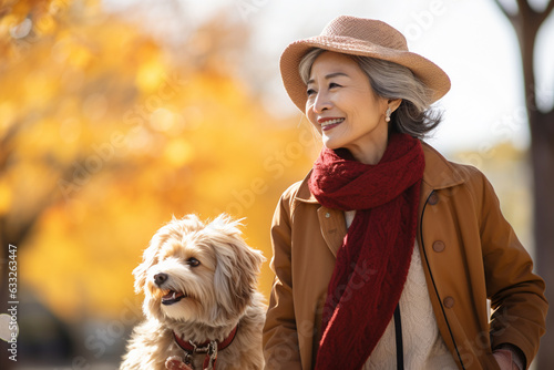 Photographie 秋の散歩を楽しむシニア女性とペットの愛犬