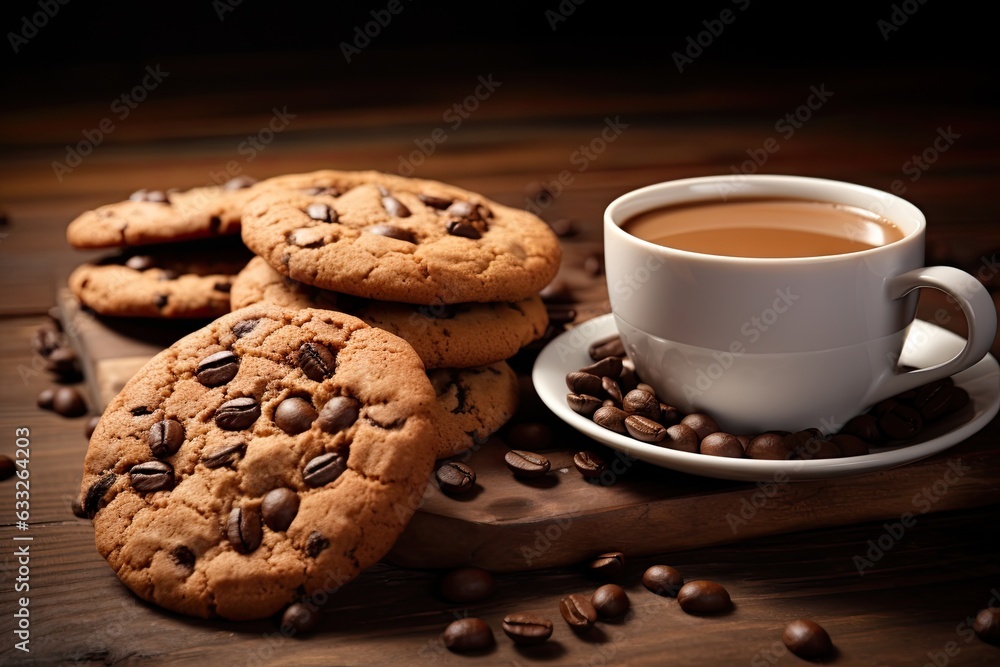 Freshly sweet Baked chocolate chip cookies and espresso. Steamy cup of coffee