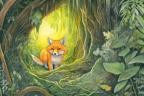 Verdant Forest Exploration: Curious Fox with Amber Eyes, Sparkling with Mischief and Intelligence, generative AI © Trista