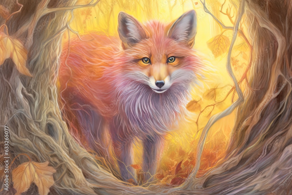 Enigmatic Wilds: A Curious Fox Prowling Through an Enchanted Forest in Fiery Blending Tones, generative AI