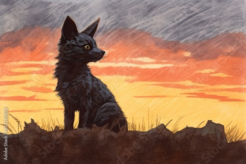Twilight Sky Enigma: A Sly Fox Silhouetted, Eyes Filled with Mystique and Cunning, generative AI