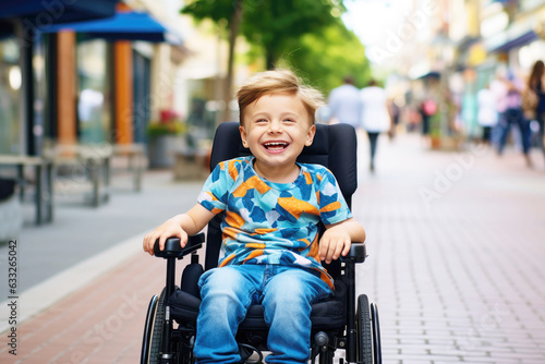 Fototapeta Happy disabled child embraces urban summer