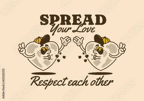 Spread your love, Heart mascot character illustration in vintage style
