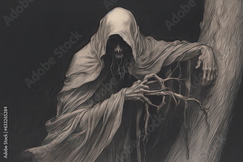 Fototapeta Guiding Souls to the Afterlife: Reaper's Embrace - A Mysterious Figure Cloaked i