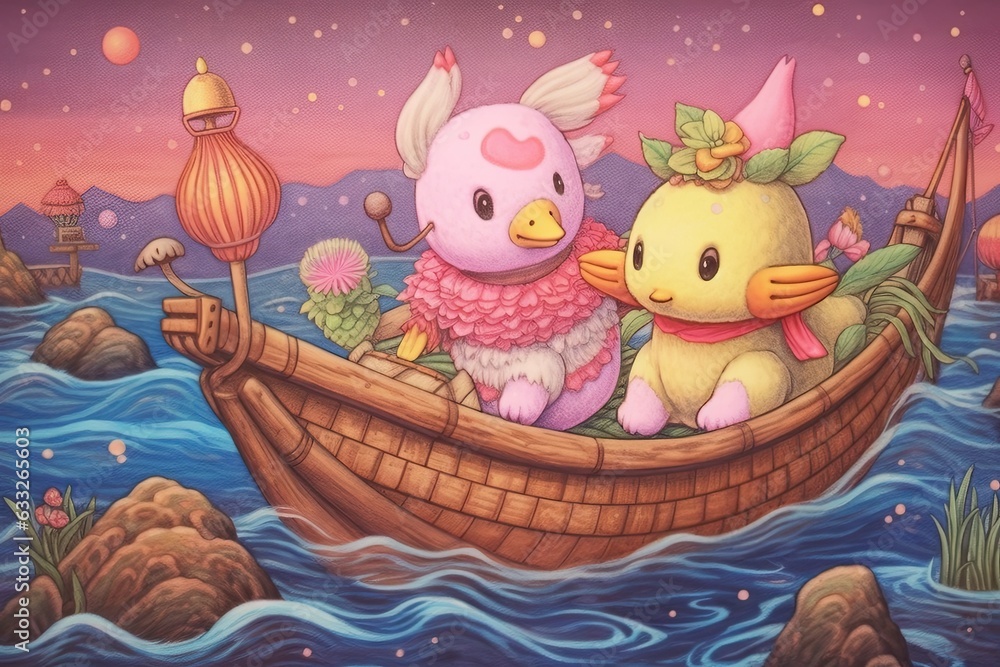 Fototapeta premium Kawaii Drawings: Whimsical Journey of Adorable Characters, Filled with Happiness and Friendship, generative AI