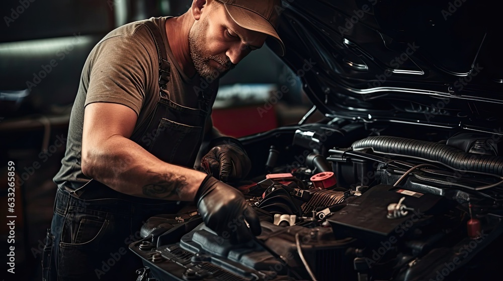 Technician who dedicates their precision to replacing the car's battery, ensuring quick and reliable engine start, improved cold weather performance. Generated by AI. Technician who dedicates their precision to replacing the car's battery, ensuring quick and reliable engine start, improved cold weather performance. Generated by AI.