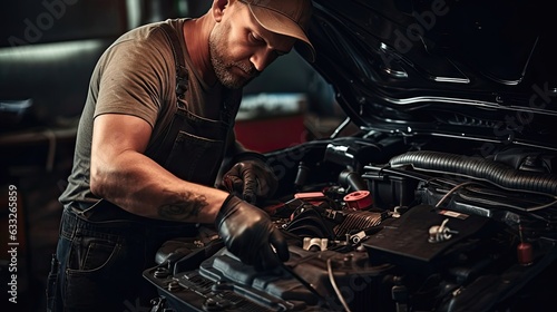 Technician who dedicates their precision to replacing the car's battery, ensuring quick and reliable engine start, improved cold weather performance. Generated by AI.