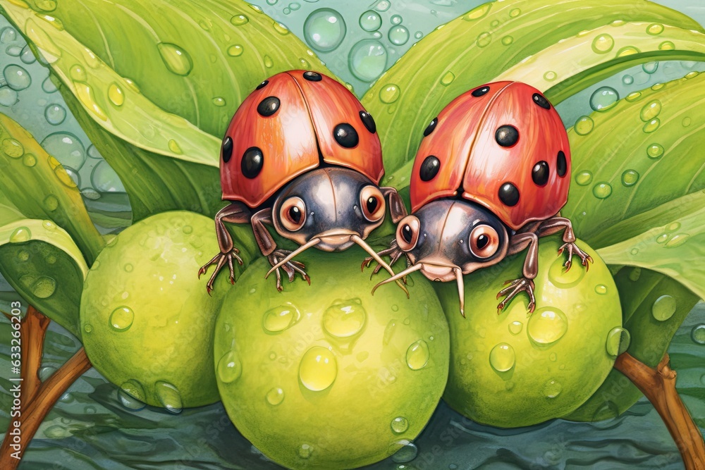 Spotted Wings of Good Fortune and Delight: Cheerful Ladybugs Resting on Dew-Kissed Leaves, generative AI Spotted Wings of Good Fortune and Delight: Cheerful Ladybugs Resting on Dew-Kissed Leaves, generative AI