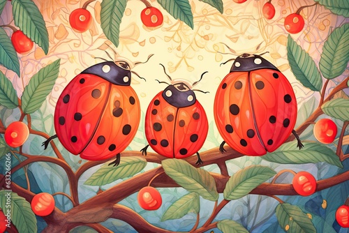 Tiny Guardians: Exploring a Whimsical Garden with Cheerful Ladybugs and Polka-Dotted Wings, Symbols of Luck and Natural Balance, generative AI © Trista