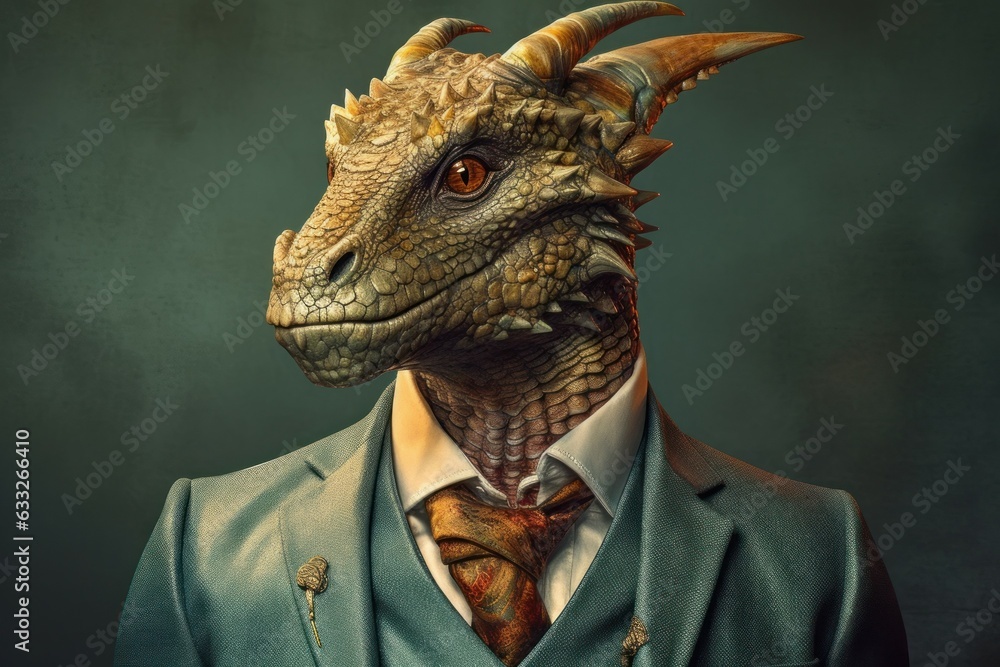 Anthropomorphic dragon dressed in a suit like a businessman. Business Concept. AI generated, human enhanced. Anthropomorphic dragon dressed in a suit like a businessman. Business Concept. AI generated, human enhanced.