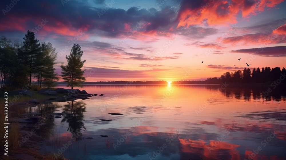 A beautiful sunrise over a peaceful lake. Generative AI