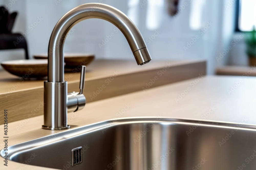 Close-up of a kitchen faucet. Modern kitchen interior design concept. AI generated, human enhanced Close-up of a kitchen faucet. Modern kitchen interior design concept. AI generated, human enhanced