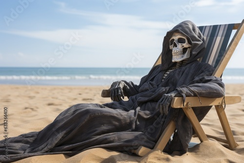 The image of Death or Grim reaper is sunbathing on the beach. Halloween concept. Background with selective focus