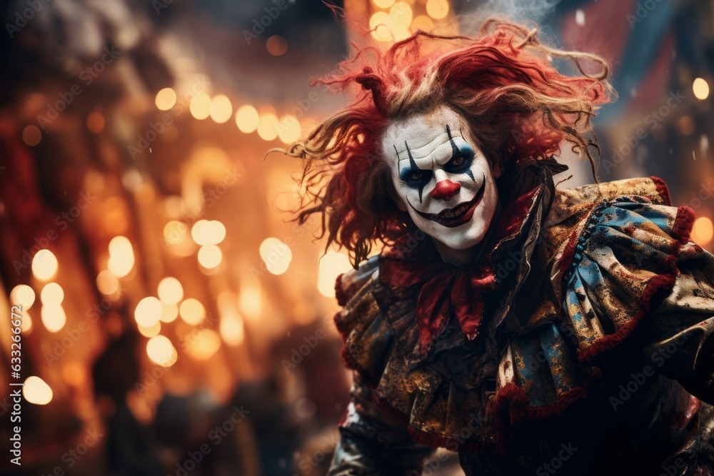 Creepy monster clown like from a horror movie. Symbol of fears. Halloween concept. Background with selective focus Creepy monster clown like from a horror movie. Symbol of fears. Halloween concept. Background with selective focus