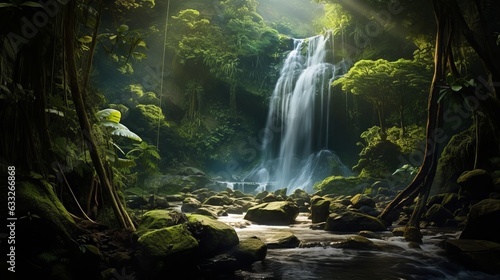 A breathtaking view of a waterfall in a lush rainforest. Generative AI © Elchin Abilov