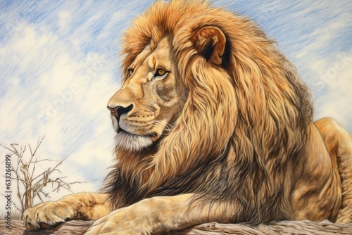 Regal Lion King: Majestic Drawing of a Golden-Maned Monarch Surveying His Kingdom, generative AI
