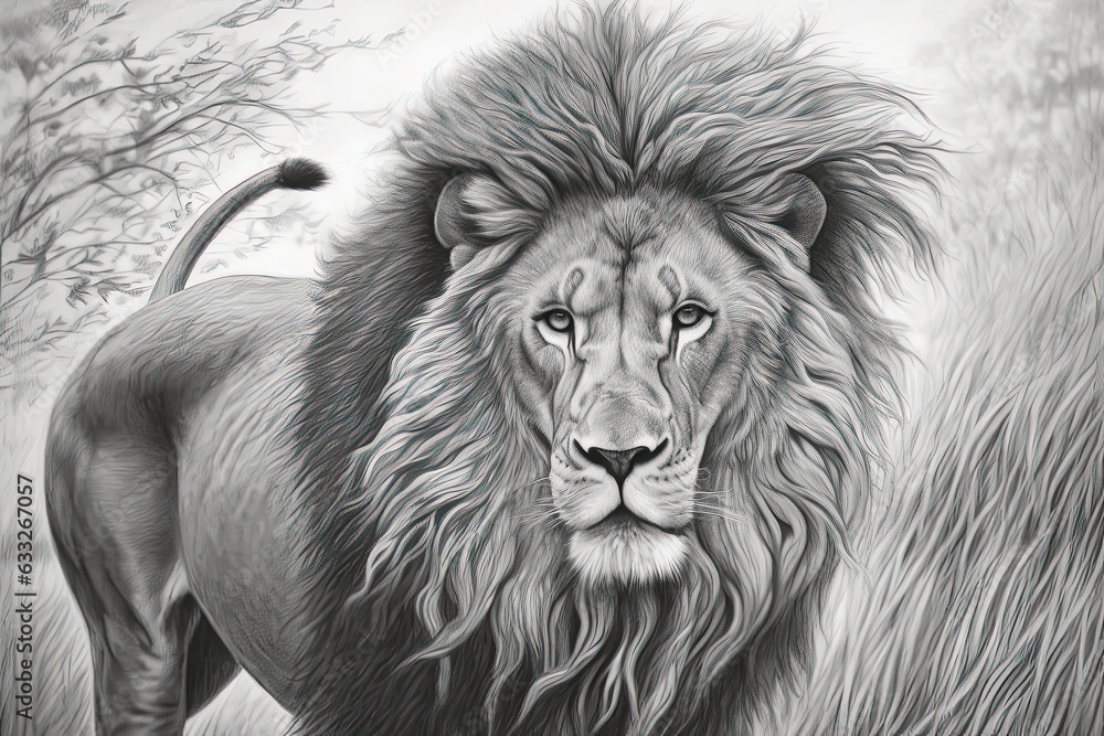 Savannah King: Majestic Mane Flowing Lion Drawing Exuding Strength and Dignity, generative AI