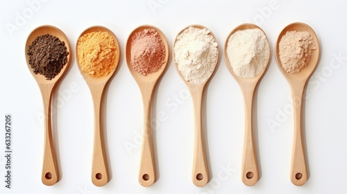 Wooden spoons of various gluten free flour (almond flour, amaranth seeds flour, buckwheat flour, rice flour, chick peas flour) from top view White background. Generative AI
