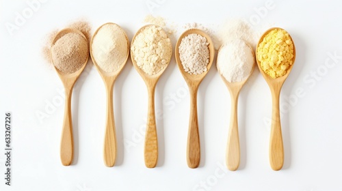 Wooden spoons of various gluten free flour (almond flour, amaranth seeds flour, buckwheat flour, rice flour, chick peas flour) from top view White background. Generative AI