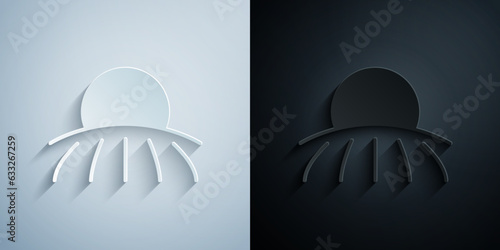 Paper cut Sunrise icon isolated on grey and black background. Paper art style. Vector