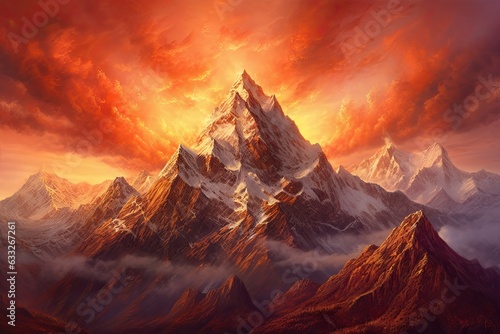 Conquering Heights: Majestic Mountain Range Bathed in the Radiant Glow of the Setting Sun, generative AI