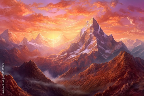 Courage and Adventure Awakened by a Majestic Mountain Range Bathed in Sunlight, generative AI