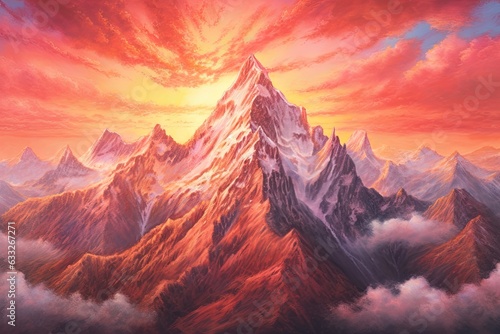 Conquering Heights: Majestic Mountain Range Bathed in the Radiant Glow of the Setting Sun, generative AI © Trista