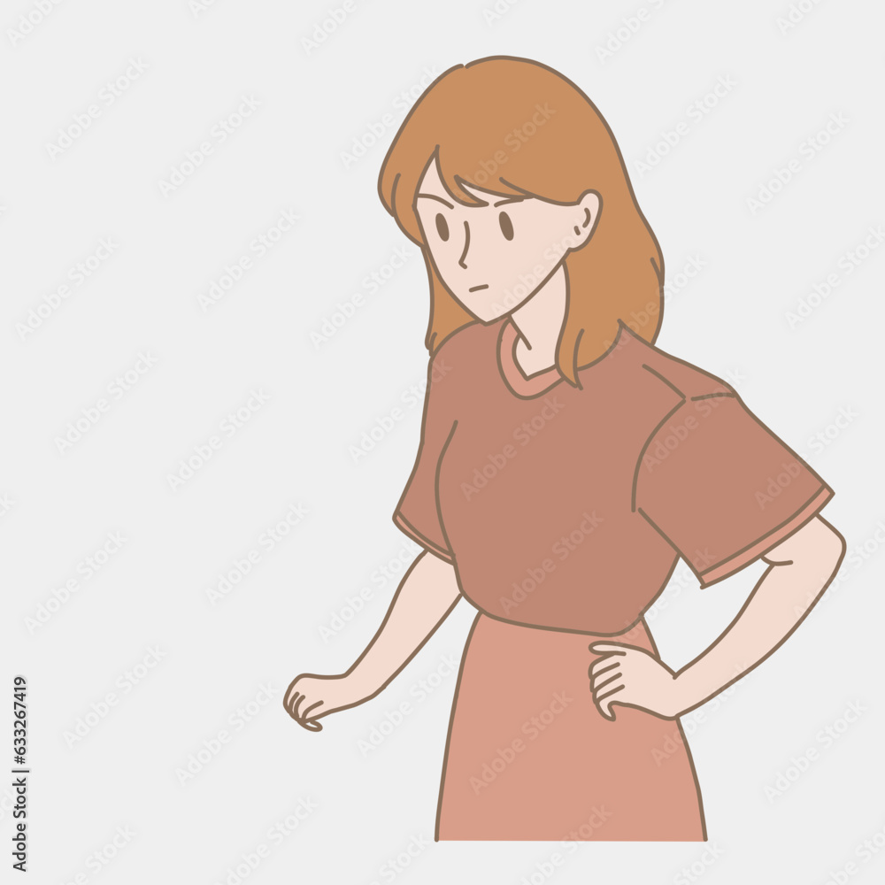 Strict woman looking down at something or someone, standing akimbo, hand on hip. Hand drawn flat cartoon character vector illustration. Strict woman looking down at something or someone, standing akimbo, hand on hip. Hand drawn flat cartoon character vector illustration.