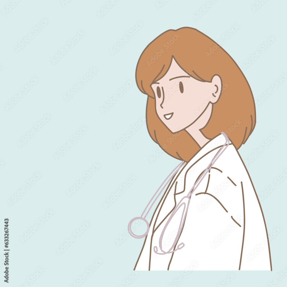 Female doctor with stethoscope in white uniform standing with kind smiling. Hand drawn flat cartoon character vector illustration.. Hand drawn flat cartoon character vector illustration. Female doctor with stethoscope in white uniform standing with kind smiling. Hand drawn flat cartoon character vector illustration.. Hand drawn flat cartoon character vector illustration.