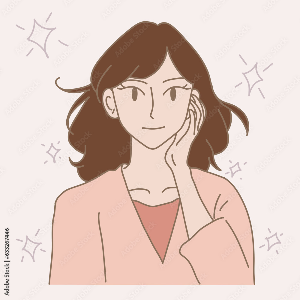 Young beautiful woman touching face by hand, feeling beautiful. Hand drawn flat cartoon character vector illustration.
