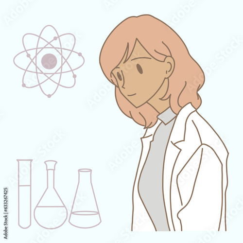 Female chemist in laboratory coat. Atom sign and laboratory equipment, test tube, volumetric flask behind . Hand drawn flat cartoon character vector illustration.