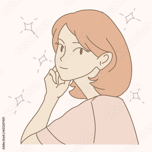 Young beautiful woman touching face by hand. Hand drawn flat cartoon character vector illustration.